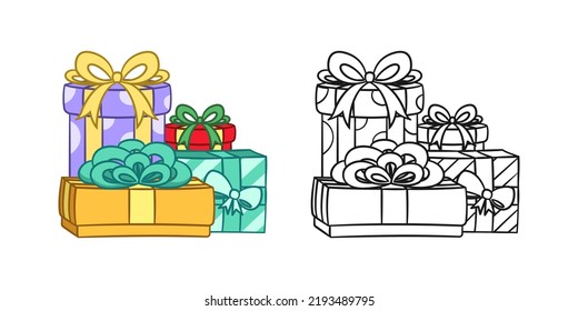 Gift boxes with bow cartoon. Colored and outline set. Christmas or birthday present illustration. Coloring book page activity worksheet for kids.