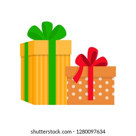 Gift boxes with bow flowers, colorful icons. Flat design Christmas present in stripes pattern, greeting in dotted isolated on white background vector