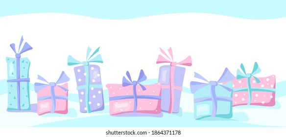 Cajas de regalo con un arco. Cartel de la caricatura de regalos de festividades y cumpleaños. Navidad, año nuevo, día de San Valentín o aniversario. Objetos vectoriales aislados para su diseño. Muchos regalos de estilo plano