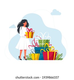 Gift boxes with a bow. Loyalty program concept. People getting gifts and rewards from store, bonus points, discount. 