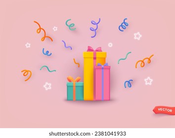 Gift boxes with bow. Realistic vector icon for present, birthday or wedding banners. 3d vector illustration.