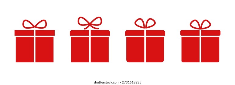 Caixas de presente com um arco, silhueta vermelha isolada em um fundo branco, ilustração vetorial. Elemento festivo decorativo para um feriado, design, rótulo