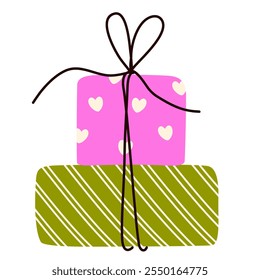 Gift boxes with bow string. Birthday present in festive paper wrapping. Holiday surprise in simple doodle style. Giftboxes icon. Flat graphic vector illustration isolated on white background