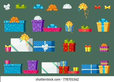 Gift boxes, bowknots and ribbons for celebration in a flat minimal vector style, christmas and holiday gifts for every taste
