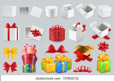 Gift boxes with bows. 3d set of vector icons