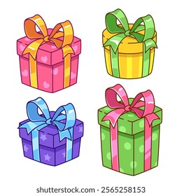 Gift boxes with bows, cute cartoon kawaii illustrations, drawings