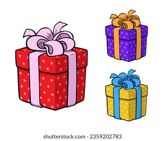 Gift boxes with bows with different colors. Paper boxes with ribbon and shadows isolated on white background. Bright colors and stars pattern. Vector illustration.