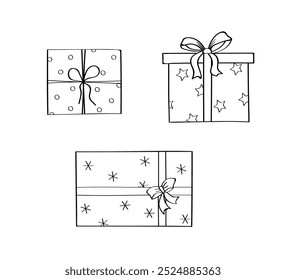 Gift boxes with bows doodle set icons. Vector illustration of isolate on white. Concept holiday, Christmas, Birthday.