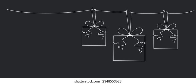 Gift boxes with bows hand drawing single line. Vector stock illustration isolated on background for design template Christmas, wedding or birthday banner, invitation, greeting card. Editable stroke.