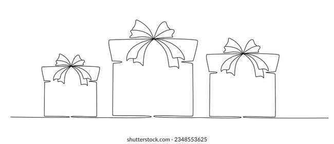 Gift boxes with bows hand drawing single line. Vector stock illustration isolated on background for design template Christmas, wedding or birthday banner, invitation, greeting card. Editable stroke.