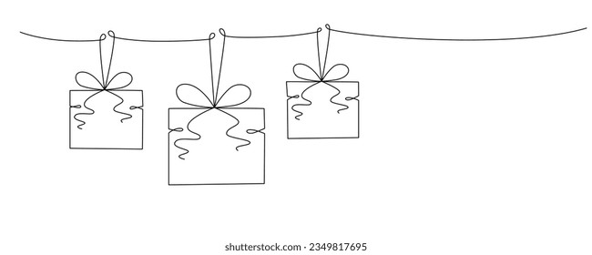 Geschenkbox mit Bogen Hand Zeichnung einzelne Linie. Vektorgrafik einzeln auf Hintergrund für Design-Vorlage Weihnachten, Hochzeit oder Geburtstag Banner, Einladung, Grußkarte. Bearbeitbarer Strich.