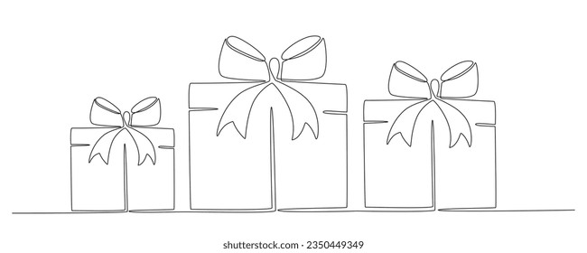 Cajas de regalo con arcos dibujando a mano una sola línea. Ilustración de material vectorial aislada en el fondo para la plantilla de diseño Banner de Navidad, boda o cumpleaños, invitación, tarjeta de saludo. Trazo editable.