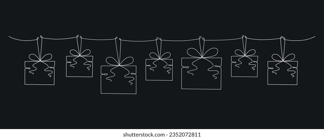 Geschenkbox mit Bogen Hand Zeichnung einzelne Linie. Vektorgrafik einzeln auf Hintergrund für Design-Vorlage Weihnachten, Hochzeit oder Geburtstag Banner, Einladung, Grußkarte. Bearbeitbarer Strich.