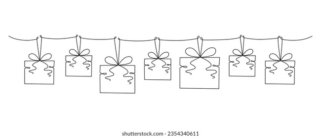Cajas de regalo con arcos dibujando a mano una sola línea. Ilustración de material vectorial aislada en el fondo para la plantilla de diseño Banner de Navidad, boda o cumpleaños, invitación, tarjeta de saludo. Trazo editable.