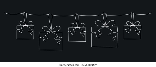 Gift boxes with bows hand drawing single line. Vector stock illustration isolated on background for design template Christmas, wedding or birthday banner, invitation, greeting card. Editable stroke.