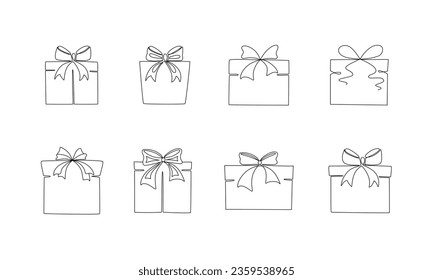 Gift boxes with bows hand drawing single line. Vector stock illustration isolated on background for design template Christmas, wedding or birthday banner, invitation, greeting card. Editable stroke.