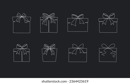 Cajas de regalo con arcos dibujando a mano una sola línea. Ilustración de material vectorial aislada en el fondo para la plantilla de diseño Banner de Navidad, boda o cumpleaños, invitación, tarjeta de saludo. Trazo editable.