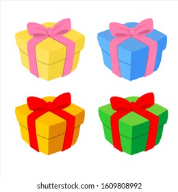 Gift boxes with bows, presents isolated on white. Colorful wrapped. Sale, shopping graphic element. Collection for Birthday, Christmas, Valentine, Giveaway. 3D Top View, Vector Cartoon flat design