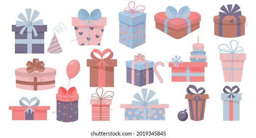 Cajas de regalo con arcos y cintas. Regalos de Navidad, regalos de cumpleaños, cajas de regalo y regalos de vacaciones de invierno. Boxeo secreto con conjunto de vector sorpresa