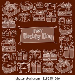 Gift boxes with bows and ribbons in doodle style. Present box and text Boxing Day. Linear holiday gift boxes isolated on brown. Vector illustration.