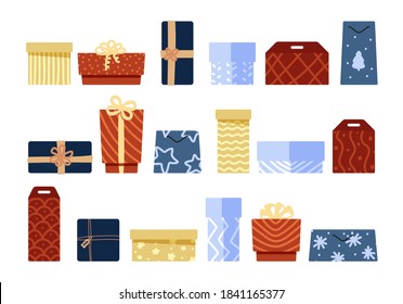 Gift boxes with bows and ribbons. Vector illustration in flat cartoon style. Set for advertising, banners, advertisements, design, labels
