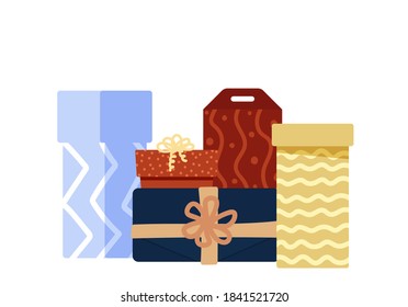 Gift boxes with bows and ribbons. Vector illustration in flat cartoon style. Set for advertising, banners, advertisements, design, labels