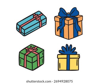 Gift boxes with bows set, hand drawn doodle. Vector illustration.