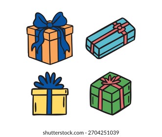 Gift boxes with bows set, hand drawn doodle. Vector illustration.