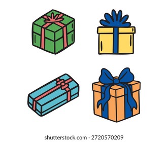 Caixas de presente com arcos definidos, rabiscar desenhado à mão. Ilustração vetorial.