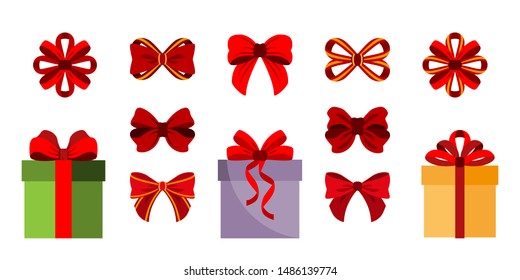 Gift Boxes. Bows. Set. Vector illustration on a white background. Flat design style