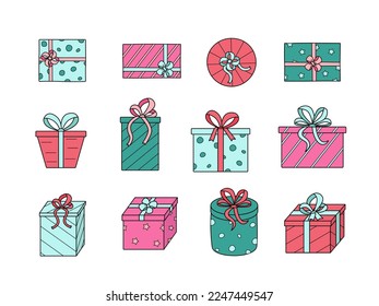 Gift boxes with bows. Vector illustration of colored icons of a festive present in a package. Isolated on white, a set of boxes in wrapping paper.