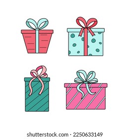 Cajas de regalo con arcos. Ilustración vectorial de los iconos coloreados de un regalo festivo en un paquete. Aislado en blanco, un conjunto de cajas en papel envolvente.
