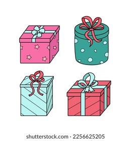 Gift boxes with bows. Vector illustration of colored icons of a festive present in a package. Isolated on white, a set of boxes in wrapping paper.
