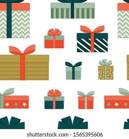 Gift boxes with bows.Christmas, new year, birthday. Seamless pattern. Flat linear vector illustration