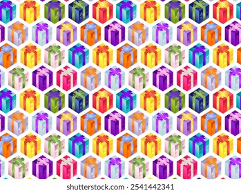 Gift boxes in bright colors and with bright bows and snowflakes. Seamless vector pattern.