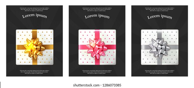 Gift boxes brochures Vector realistic. Dark background confeti sparkle. Product placement mock up. Design packaging 3d illustration. Birthday, Wedding, Anniversary decor template banners