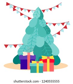 Gift boxes bunch with christmas tree. Flat style vector concept holiday illustration Isolated on white background