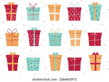 Gift boxes bundle. Colourful boxes with gifts. Christmas gifts.