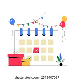 Gift Boxes And Calendar With Balloons And Festive Flags In Flat Vector Illustration Symbolizing Party Planning And Celebration, Isolated On White Background