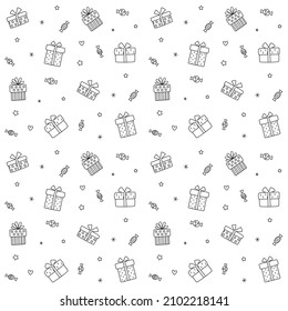 Gift boxes and candy vector seamless pattern. Hand drawn monochrome minimal background for Birthday, Valentine's Day, wedding, Christmas, holiday. Black outlines isolated on a white background. 