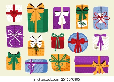 Gift boxes. Cartoon different size wrapped presents with ribbons and bows, surprise package for birthday or Christmas celebration. Vector isolated set.