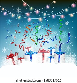 Gift boxes celebrated with snow flex background,New Year and Christmas 2020 concept
