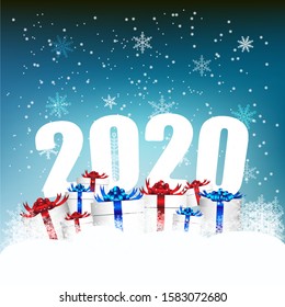 Gift boxes celebrated with snow flex background,New Year and Christmas 2020 concept
