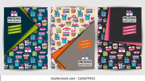 Gift boxes celebration presents flyer or posters set. Background for advertisement, menu, brochure template. Hand drawn cartoon style birthday or christmas design concept. Vector illustration.