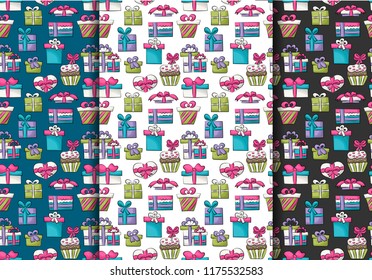 Gift boxes celebration presents seamless pattern set. Colorful girly and childish decor repeat background. Hand drawn cartoon style birthday or christmas design concept. Vector illustration.
