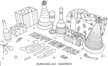 Gift boxes, champagne bottles and glass preparing for new year 2019 celebration. Coloring book, coloring page, colouring picture for anti stress.Vector illustration