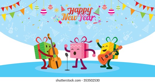 Gift Boxes Character Playing Music with Happy New Year Decoration, Confetti, Flag