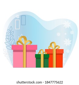 Las cajas de regalo y el fondo navideño se pueden usar para collages, saludos, postales, revistas, banners, etiquetas, diseños web.