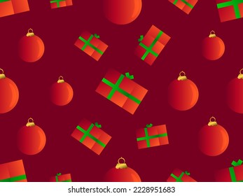 Cajas de regalo y estampado de la pelota de Navidad sin costura. Cajas de regalo con cinta verde. Feliz Navidad y Feliz Año Nuevo. Diseño festivo para papel impreso, envoltorio y afiches. Ilustración del vector