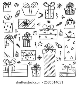 Gift boxes for christmas or birthday in style of hand drawn black doodle on white background. Giftboxes silhouette sketch